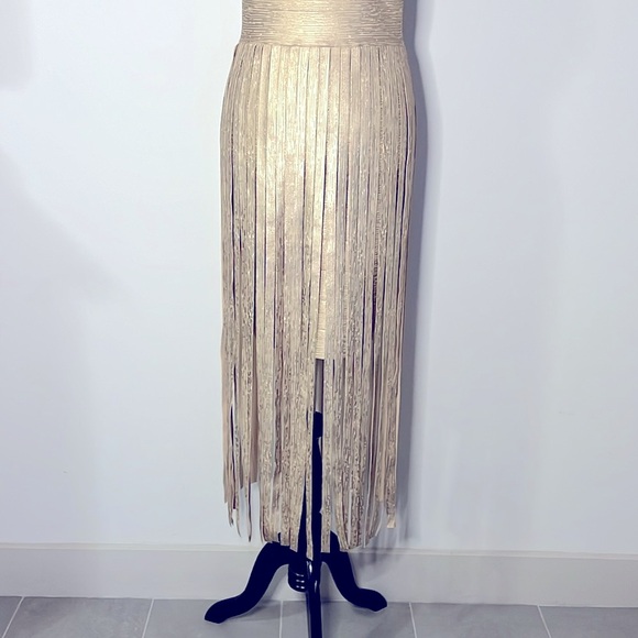 BEBE CHAMPAGNE BANDAGE FRINGE MAXI DRESS ✨✨✨ - Picture 9 of 12